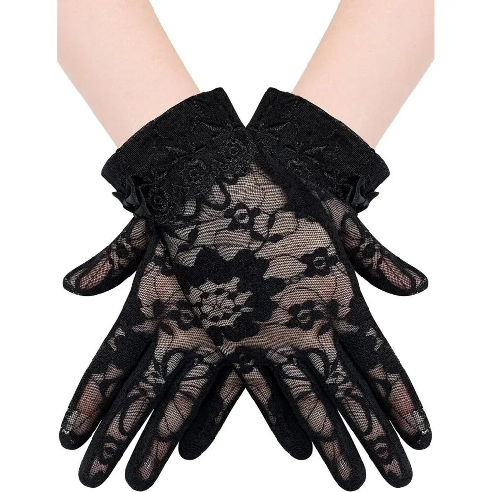 Women's Black Short Floral Finger Less Nylon Halloween Cosplay Lace Gloves